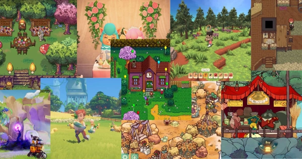 A collage of scenes from various farming simulation games, depicting characters gardening, farming, and interacting in colorful, cartoonish environments.