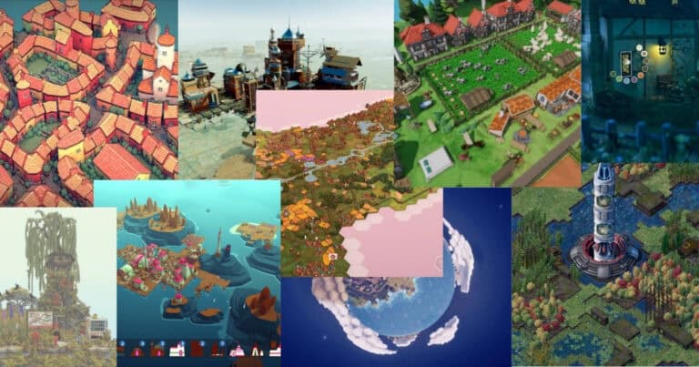 A collage of various isometric and overhead city-building and strategy game environments, featuring landscapes, buildings, and detailed settlements.
