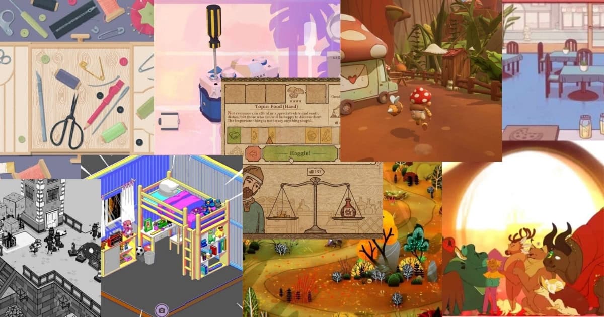 A collage of various video game scenes, including crafting tools, cozy rooms, cartoon animals, and colorful landscapes in different art styles.
