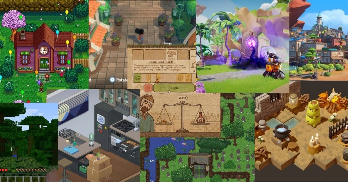 A collage of various video game scenes featuring pixel art houses, cooking, exploring forests, haggling, fantasy landscapes, and crafting in different art styles.