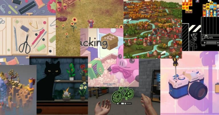 A collage of various video game screenshots featuring crafting tools, colorful landscapes, a black cat, toys, hands, a camera, and a green bicycle.