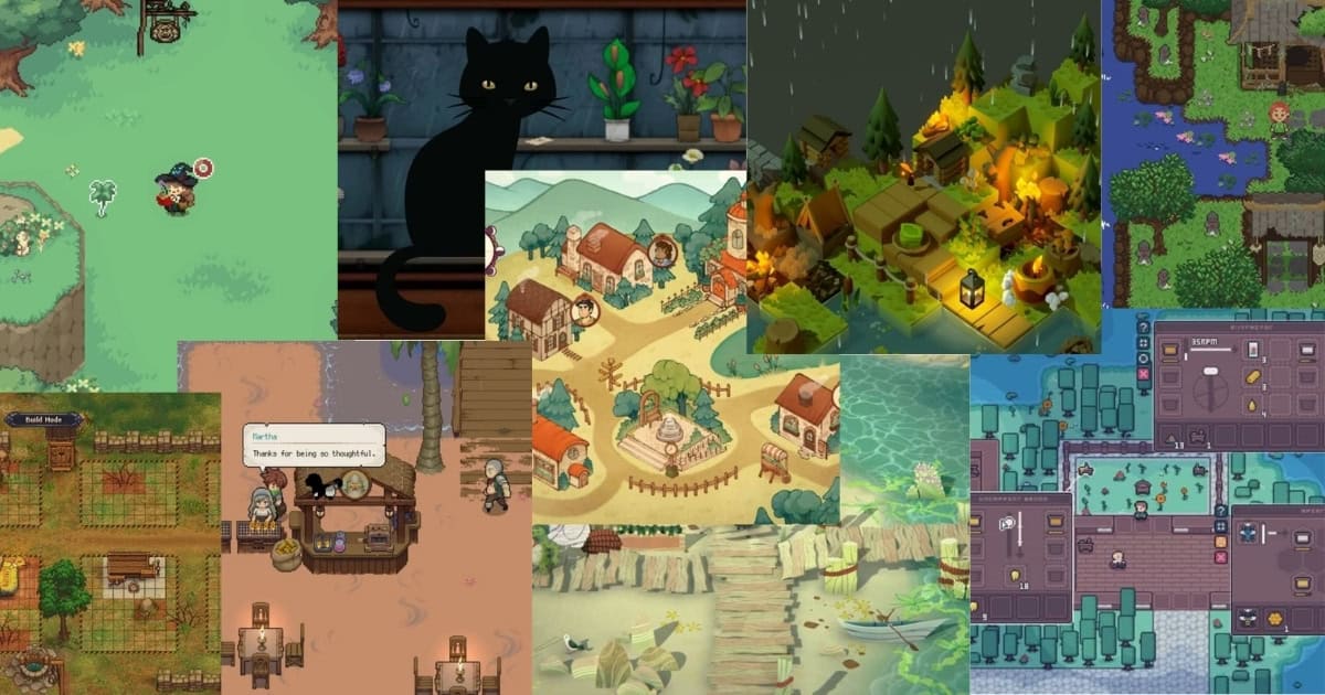 A collage of various video game scenes, including animated landscapes, towns, characters, and a black cat against a backdrop of plants.