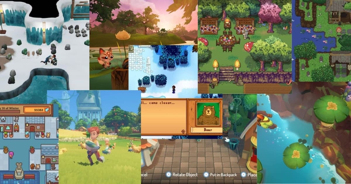 A collage of various farming and life simulation game scenes, showing characters, animals, gardens, markets, buildings, and natural landscapes.