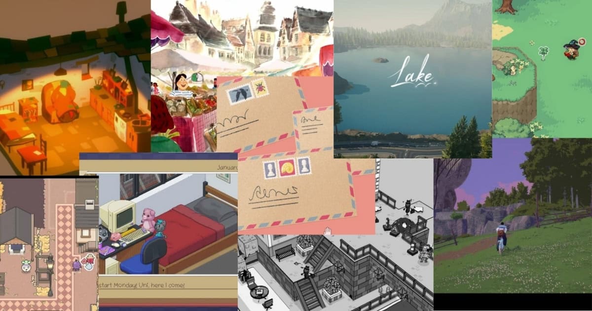 A collage of various video game scenes, including cozy interiors, outdoor landscapes, pixel art characters, handwritten letters, and a lakeside view with the word “Lake” on it.