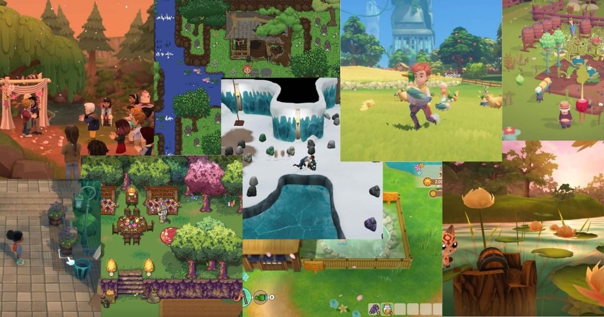 A collage of various farming and life simulation video game scenes, featuring characters, animals, crops, buildings, and different environments.
