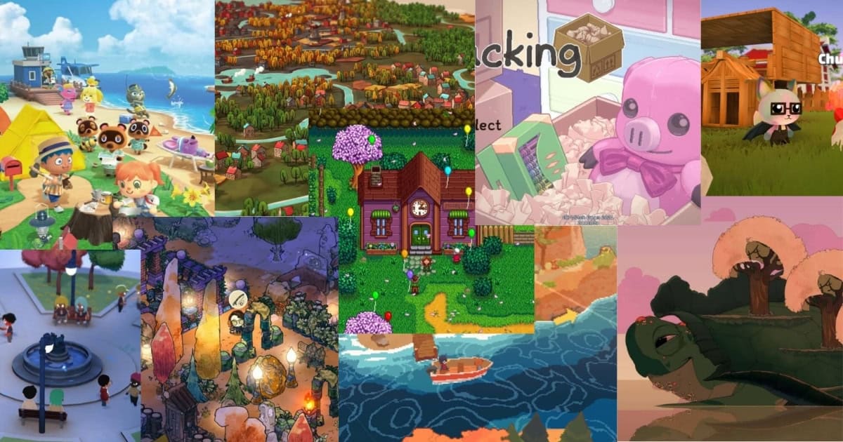 A collage of colorful video game scenes featuring anthropomorphic animals, nature landscapes, towns, and cartoon-style characters in various environments.