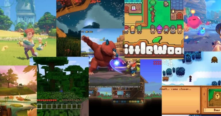 Collage of various video game scenes, including farming, combat, building, exploration, and pixel art, representing different colorful and stylized game environments.
