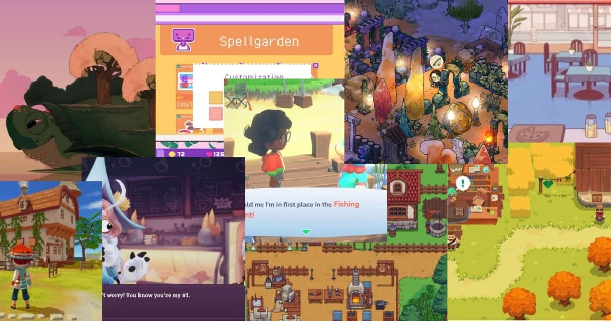 A collage of colorful, cartoon-style video game screenshots featuring characters, animals, outdoor and indoor village scenes, and various user interfaces.