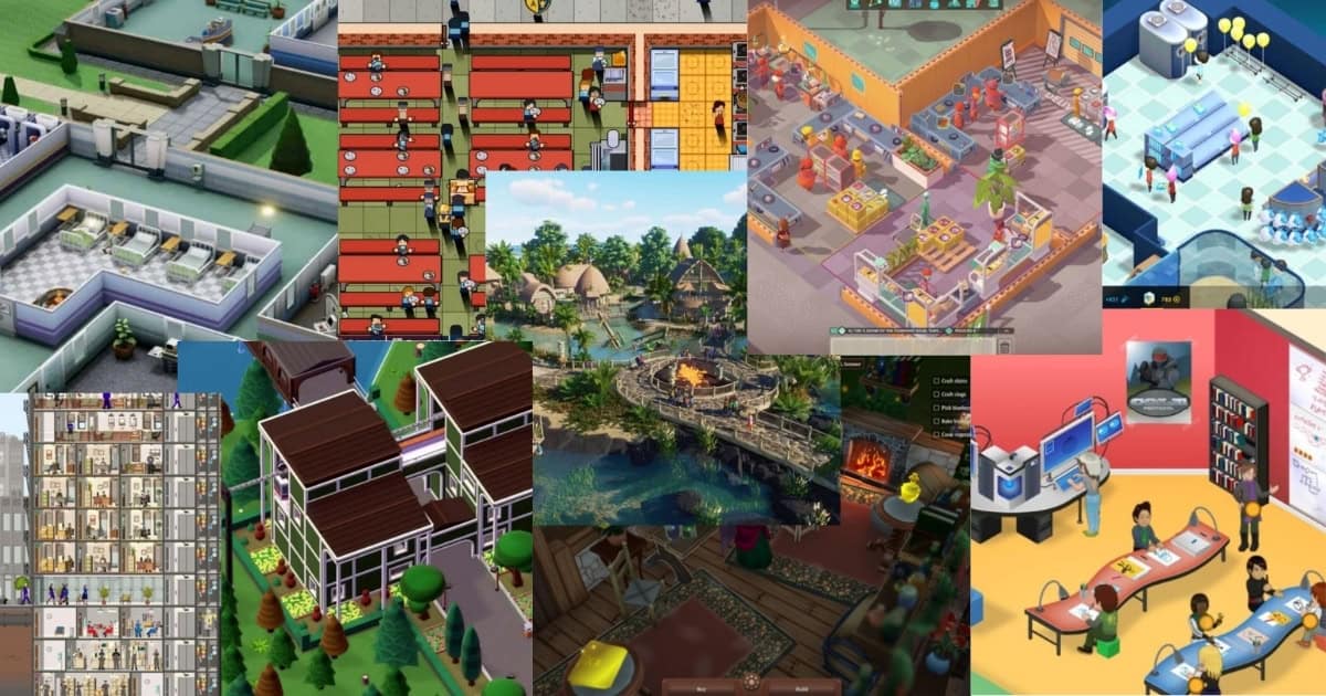 A collage of various simulation and management video games featuring different environments, including hospitals, offices, restaurants, hotels, and amusement parks, viewed from an isometric perspective.