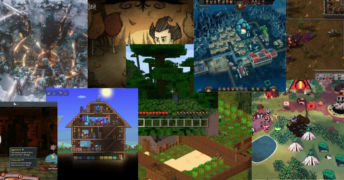 A collage of screenshots from various survival and simulation video games, featuring different environments such as forests, cities, villages, pixelated houses, and character avatars.