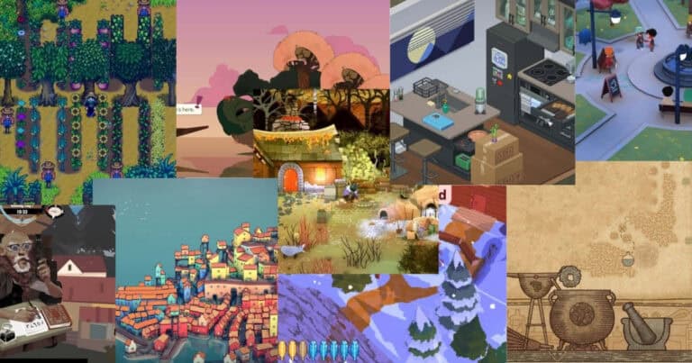 A collage of various indie game scenes featuring farms, villages, cityscapes, snowy mountains, and stylized characters in different art styles.