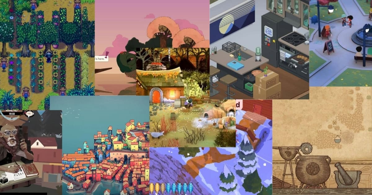 A collage of various indie game scenes featuring farms, villages, cityscapes, snowy mountains, and stylized characters in different art styles.