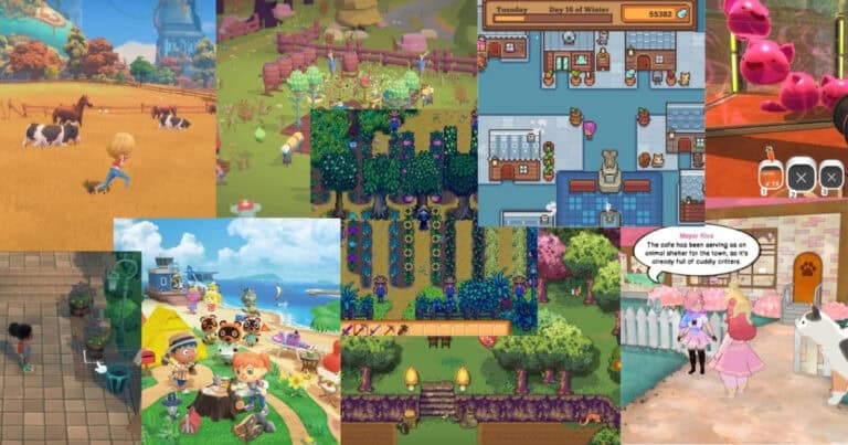 A collage of colorful farming simulation game scenes featuring characters, animals, crops, markets, and a coastal village.