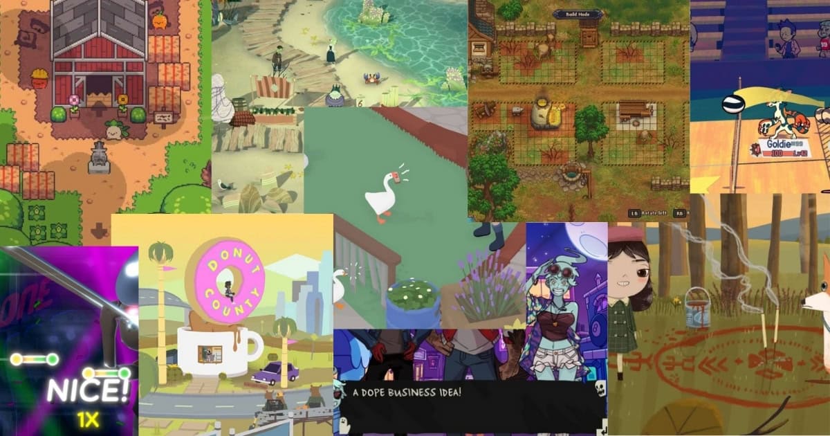 A collage of various video game scenes, featuring cartoon characters, farm fields, beaches, shops, animals, and colorful interiors from different games.