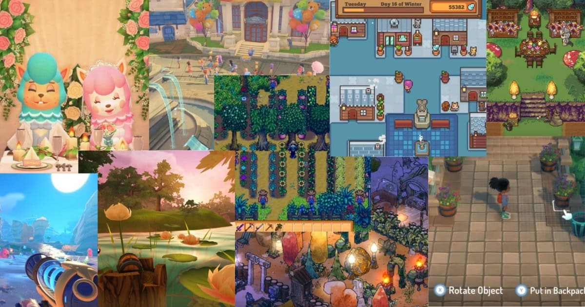 A collage of colorful scenes from various cozy video games, featuring animals, gardens, shops, nature, and characters in vibrant environments.