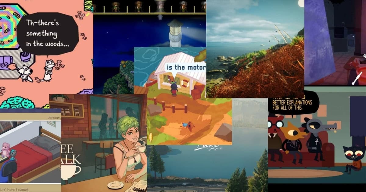 A collage of various indie video game screenshots, featuring characters, landscapes, and dialogue scenes in different art styles.