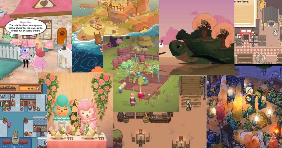 A collage of colorful, whimsical scenes from various cozy video games, featuring farming, animal characters, village life, and peaceful outdoor settings.