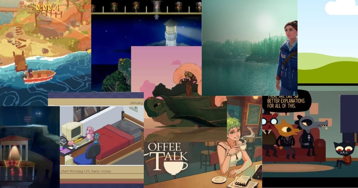 A collage of indie video game scenes, featuring various art styles, characters, landscapes, and the titles "Coffee Talk" and "Suda.