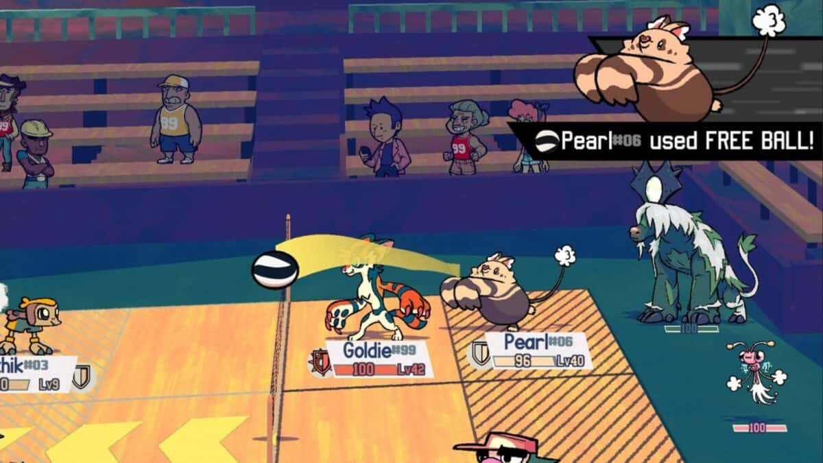 A stylized video game scene shows animal characters playing a volleyball match in a gym; text reads "Pearl used FREE BALL!" Players and health stats are visible on screen.