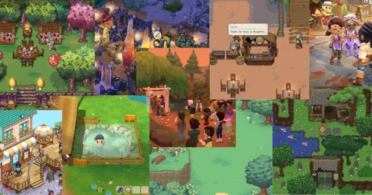A collage of scenes from various pixel art games showing characters at parties, in markets, hot springs, forests, and interacting in different colorful environments.