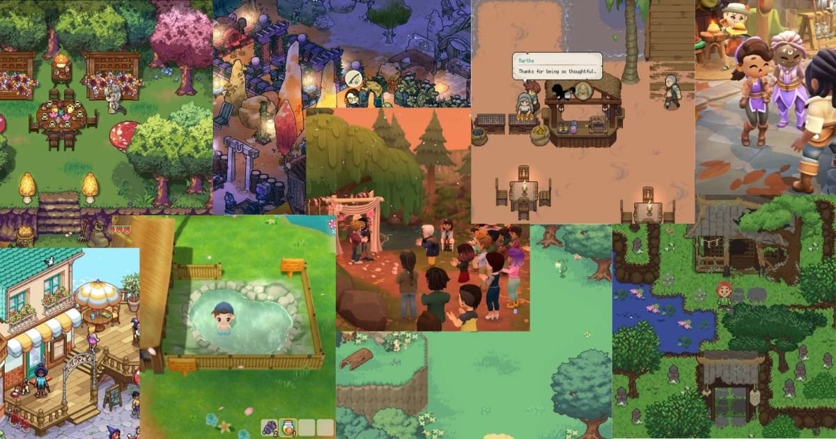 A collage of scenes from various pixel art games showing characters at parties, in markets, hot springs, forests, and interacting in different colorful environments.