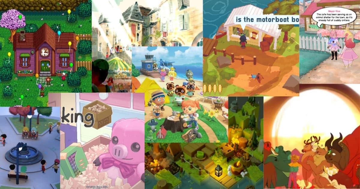 A collage of colorful scenes from various cozy video games, featuring animated characters, animals, houses, markets, and nature settings in a whimsical art style.