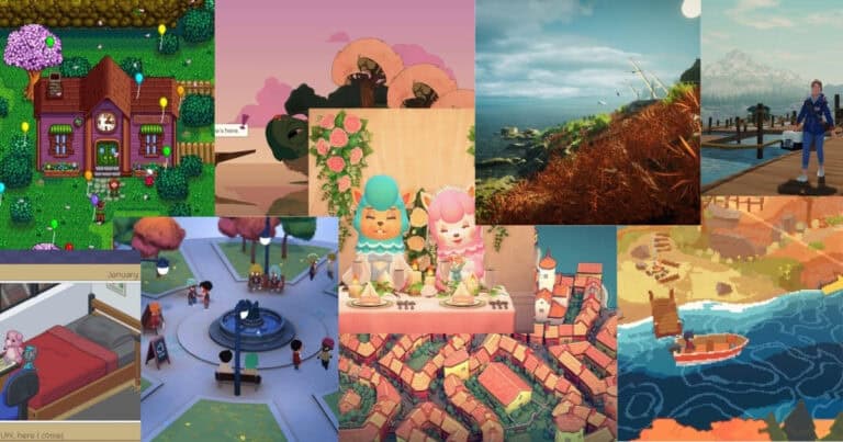 A collage of screenshots from various cozy, colorful video games featuring houses, landscapes, characters, and town scenes in different art styles.
