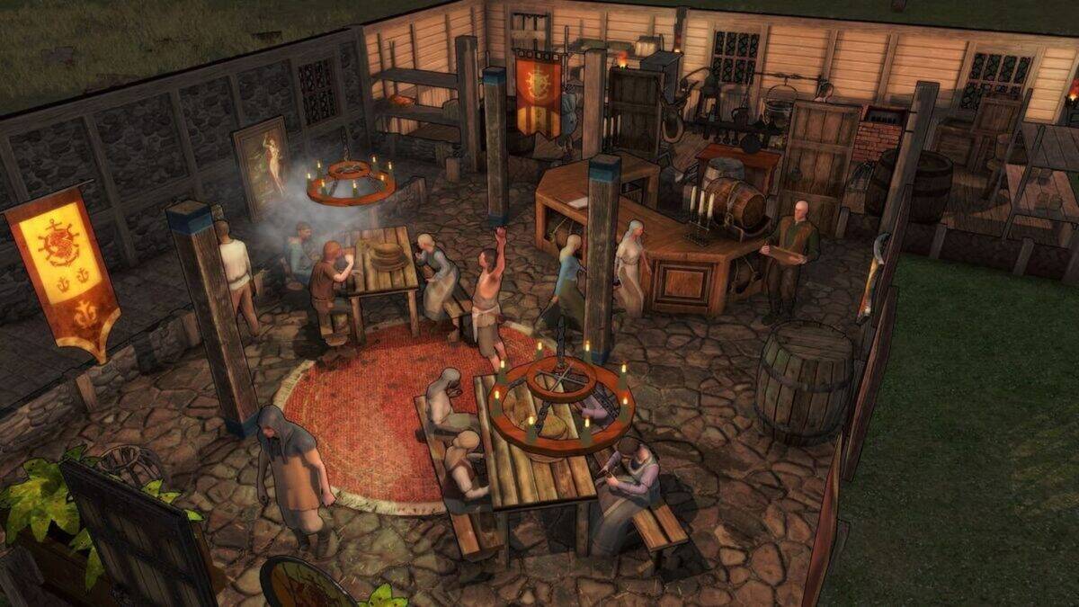 Digital rendering of a medieval-style tavern with people eating, drinking, and socializing at wooden tables, surrounded by rustic decor and banners.