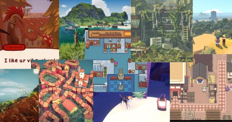 A collage of colorful video game scenes featuring landscapes, buildings, characters, and various environments in pixel art and illustrated styles.