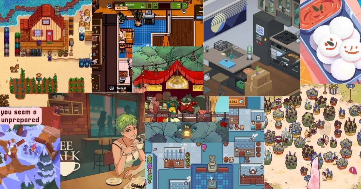 A collage of various cozy video game scenes, including farms, cafes, kitchens, and markets, depicted in colorful, pixel art and illustrated styles.