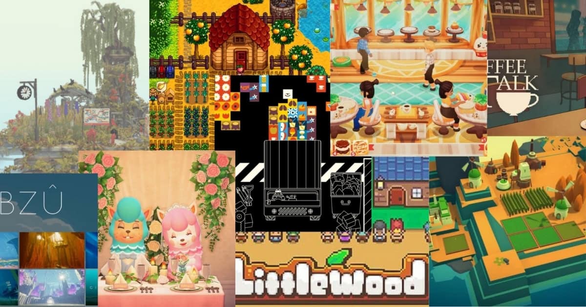 A collage of various cozy, colorful video game scenes, including pixel art farms, coffee shops, island landscapes, and cartoon characters.