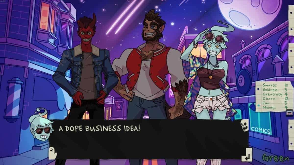 Three cartoon characters stand on a neon-lit city street at night, with a dialogue box displaying the text "A DOPE BUSINESS IDEA!" and character stats shown on the side.