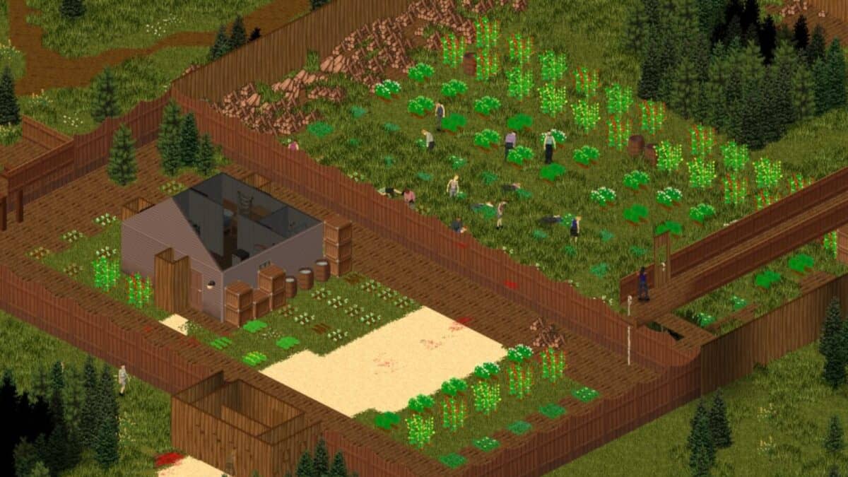 An overhead view of a fenced compound with a house, garden plots, scattered crops, and several human-like figures among the plants. Trees and rocky terrain surround the enclosure.