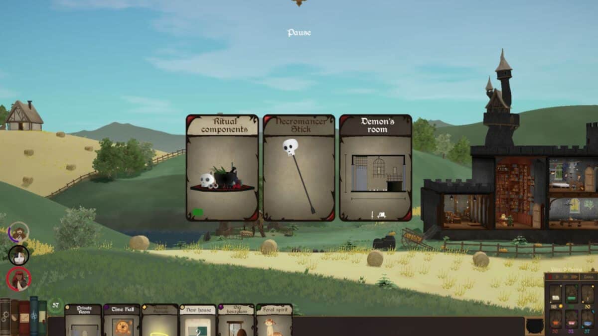 A video game interface displays three cards labeled "Ritual components," "Necromancer stick," and "Demon's room" against a rural landscape with a castle and farm.