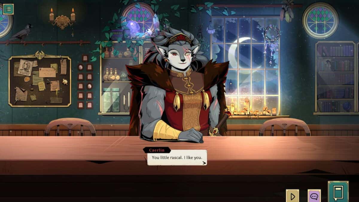 A fantasy character with gray fur, horns, and red clothing sits at a bar with a cozy, decorated room and moonlit window in the background. Dialog text reads, "You little rascal. I like you.