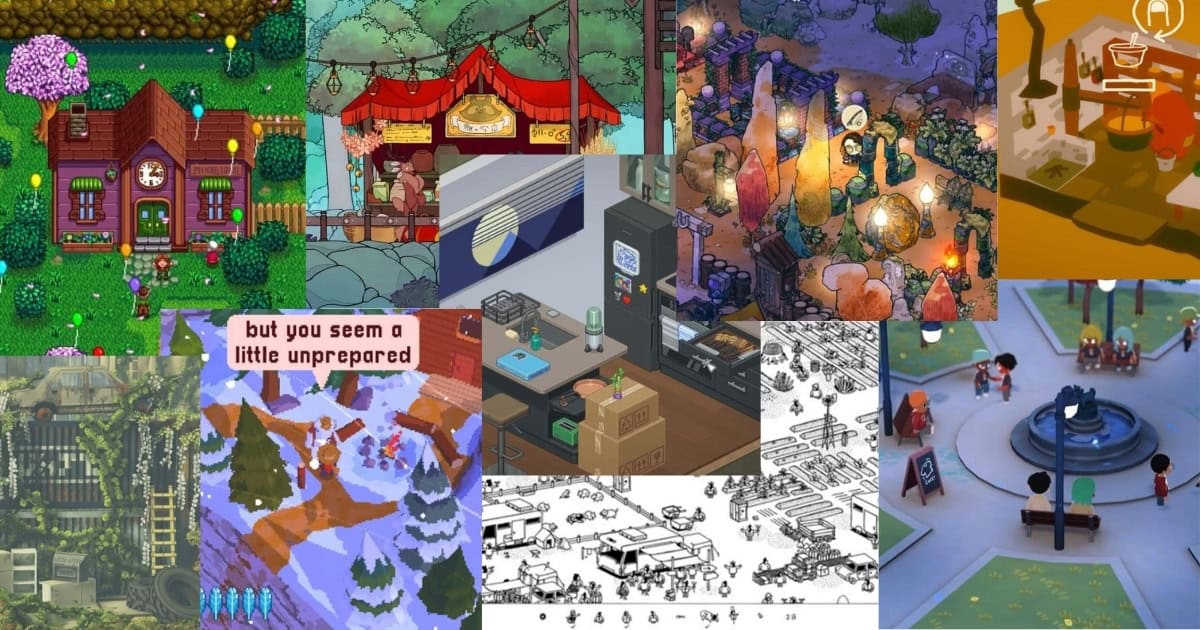 A collage of various game scenes featuring colorful houses, outdoor markets, a fountain plaza, pixel art landscapes, and illustrated game environments.