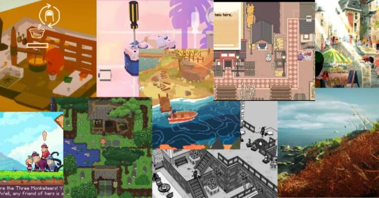 A collage of various pixel art and illustrated video game scenes, featuring landscapes, buildings, characters, and objects in different artistic styles.