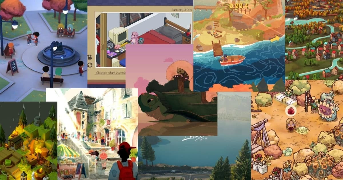 A collage of colorful, stylized scenes from various video games, including villages, markets, forests, water, and interior spaces with characters and detailed environments.