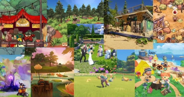 Collage of colorful scenes from various cozy and farming simulation games, featuring characters, gardens, animals, house exteriors, and whimsical outdoor settings.
