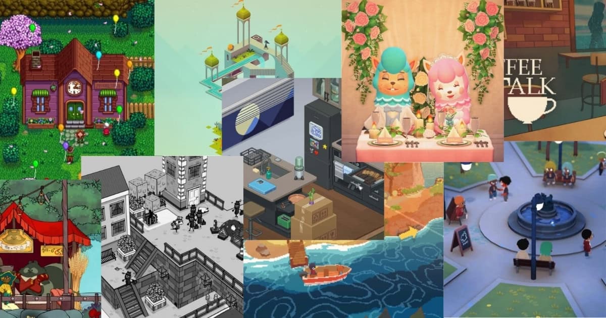 A collage of various cozy video game scenes, including cottages, cafes, characters dining, office spaces, city buildings, and a town square with a fountain.