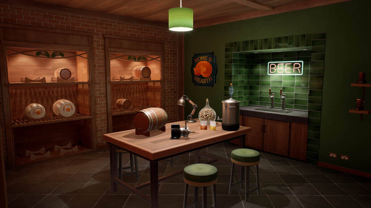 A home brewing room with wooden shelves holding barrels, a table with brewing equipment, two stools, a green tiled sink area, and a neon "BEER" sign—perfect for enjoying craft drinks and classic tavern games.