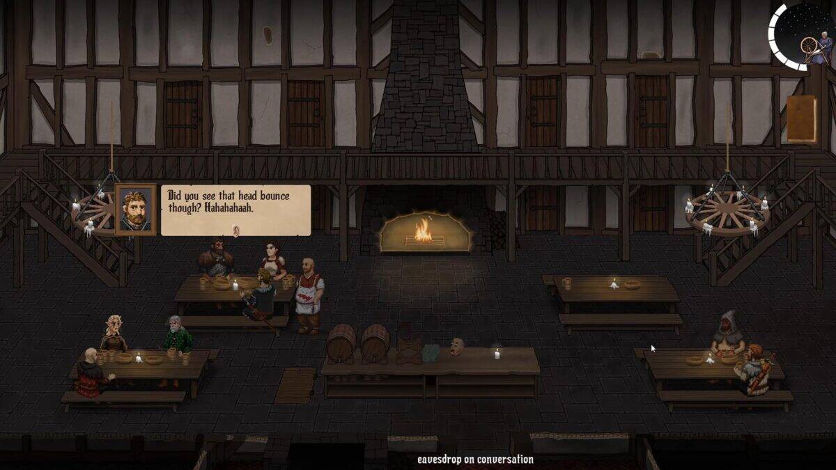 A medieval-style tavern scene with pixel art characters enjoying tavern games at wooden tables, a fireplace in the center, and a dialogue box saying, "Did you see that head bounce though? Hahahaha.
