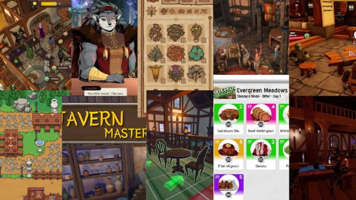 A collage of tavern-themed game screenshots showing characters, menus, recipes, interior settings, and management interfaces.