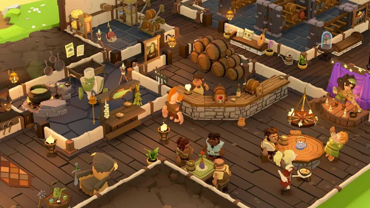 A cartoon-style tavern scene with various characters eating, drinking, playing tavern games, and interacting; barrels, tables, and kitchen areas are visible in a cozy, busy environment.