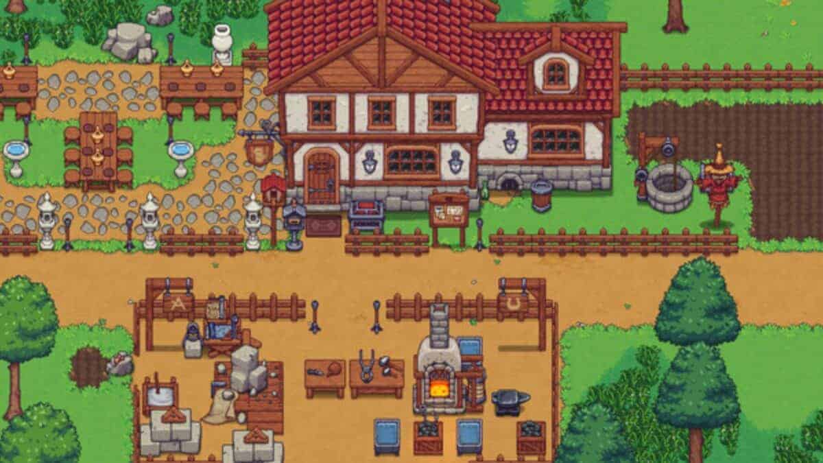 Pixel art scene of a blacksmith workshop, farmhouse, garden, and outdoor seating area with trees, tools, and characters in a rural village setting.