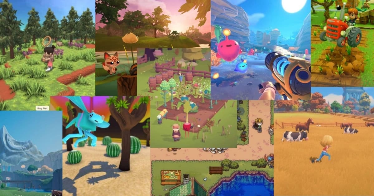 A collage of farming and life simulation video game scenes, featuring characters, animals, crops, tools, and colorful outdoor environments.