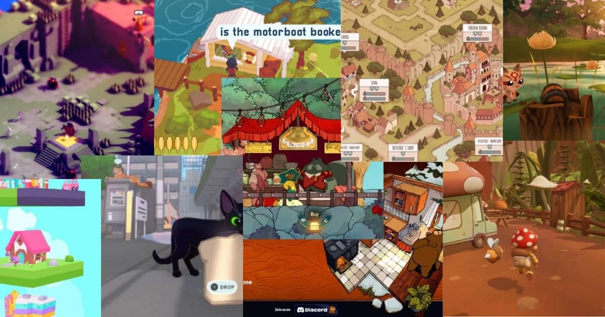 A collage of nine different video game scenes featuring colorful, cartoon-style graphics, various characters, and diverse environments including towns, forests, markets, and animals.