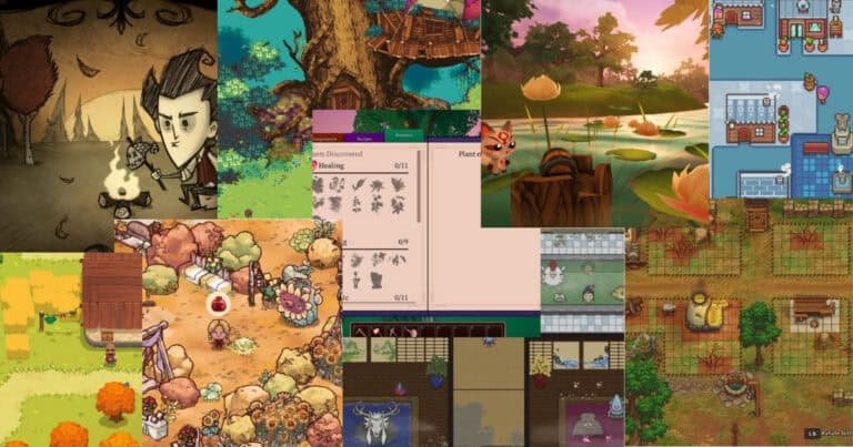 A collage of various pixel art and cartoon-style video game scenes, featuring characters, nature, animals, and farm or village settings.