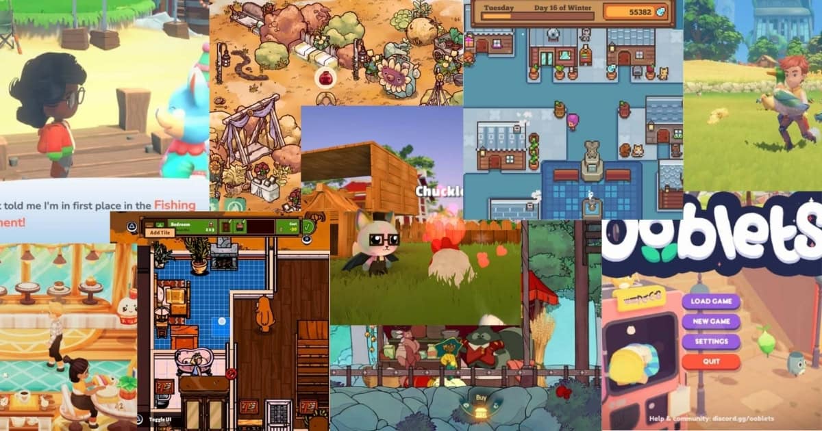 A collage of colorful video game screenshots featuring farming, fishing, animals, cooking, crafting, and cozy interior scenes, with various game menus and characters visible.