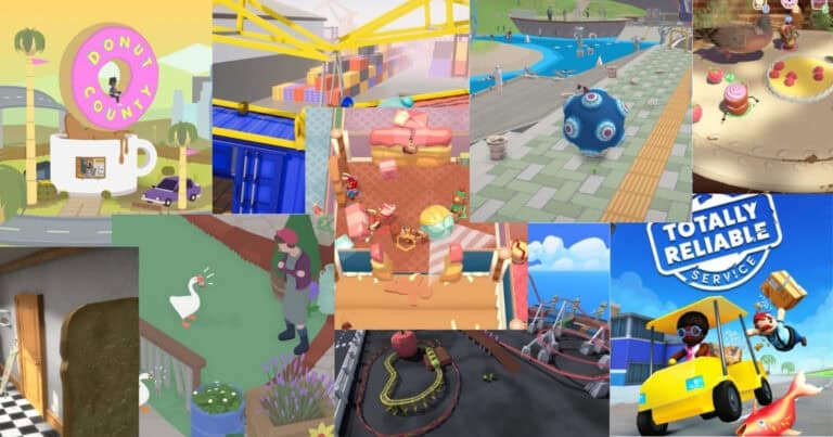 A collage of various colorful video game scenes, featuring cartoonish environments, objects, and characters, including animals, vehicles, and playful settings.